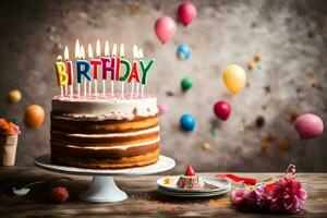 en födelsedag kaka med ljus på Det. ai-genererad foto