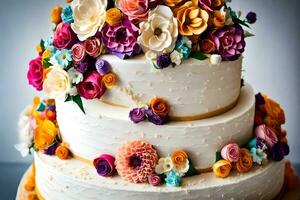 en tre trött kaka med färgrik blommor på topp. ai-genererad foto