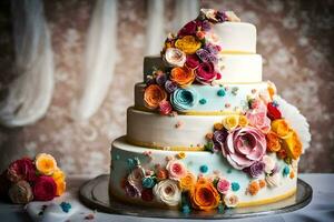 en bröllop kaka med färgrik blommor på topp. ai-genererad foto
