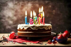 de födelsedag kaka med ljus. ai-genererad foto