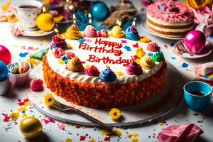 en födelsedag kaka är dekorerad med färgrik ljus. ai-genererad foto