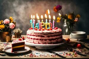 en födelsedag kaka med ljus på Det. ai-genererad foto