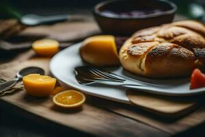 en tallrik med bröd, apelsiner och en kniv. ai-genererad foto