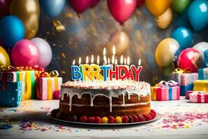 en födelsedag kaka med ljus på topp och ballonger. ai-genererad foto