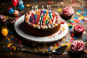 en födelsedag kaka med Lycklig födelsedag skriven på den är omgiven förbi konfetti och ballonger. ai-genererad foto
