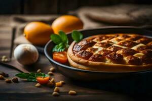 en pizza med ost och grönsaker i en panorera. ai-genererad foto
