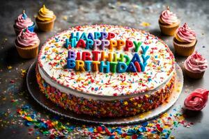 Lycklig födelsedag kaka med färgrik strössel och muffins på en mörk bakgrund. ai-genererad foto