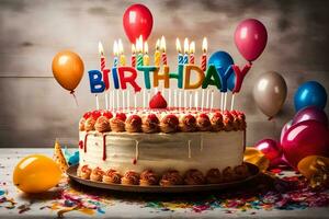 en födelsedag kaka med ljus och ballonger. ai-genererad foto