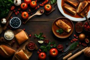 olika livsmedel Inklusive bröd, ost, tomater och Övrig Ingredienser. ai-genererad foto