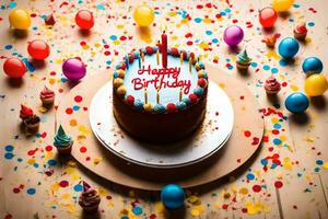 en födelsedag kaka med ljus och färgrik ballonger på en trä- tabell. ai-genererad foto