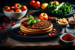 pannkakor på en svart tallrik med tomater och Övrig Ingredienser. ai-genererad foto