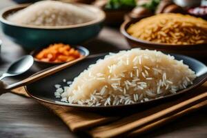 en mängd av ris maträtter på en trä- tabell. ai-genererad foto