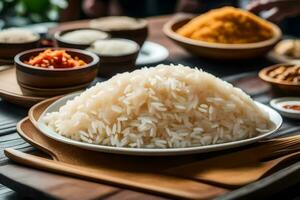 en tabell med ris och Övrig mat på Det. ai-genererad foto