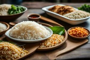 olika typer av ris på en trä- tabell. ai-genererad foto