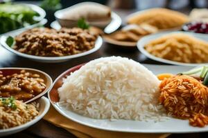 olika maträtter av ris, grönsaker och kött är på en tabell. ai-genererad foto