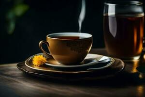 en kopp av te och en maskros blomma på en trä- tabell. ai-genererad foto