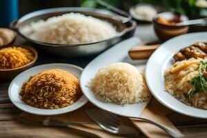 olika typer av ris maträtter på en trä- tabell. ai-genererad foto