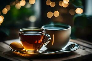 en kopp av te och en kex på en trä- tabell. ai-genererad foto