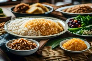 olika typer av ris och grönsaker på en tabell. ai-genererad foto
