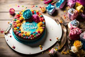 en färgrik födelsedag kaka är på en trä- tabell. ai-genererad foto