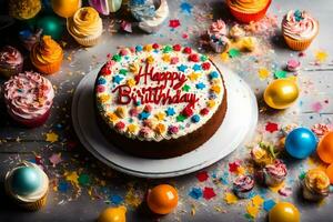 Lycklig födelsedag kaka med färgrik strössel på en trä- bakgrund. ai-genererad foto
