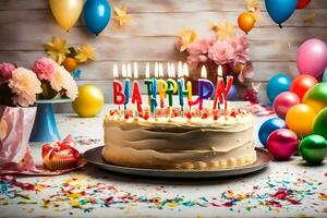 en födelsedag kaka med ljus på den och ballonger. ai-genererad foto