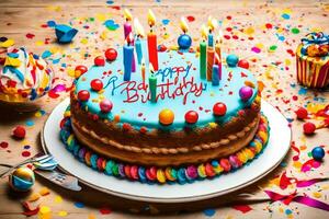 en födelsedag kaka med färgrik konfetti och ljus. ai-genererad foto