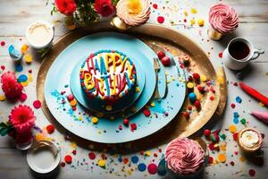 en färgrik födelsedag kaka är på en tallrik omgiven förbi konfetti. ai-genererad foto