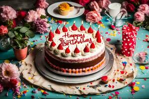 en födelsedag kaka med ljus och blommor på en blå tabell. ai-genererad foto