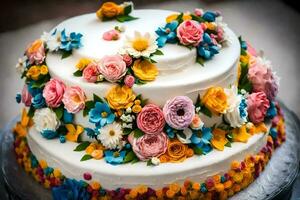 en kaka dekorerad med färgrik blommor. ai-genererad foto