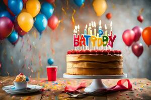en födelsedag kaka med ljus på topp och ballonger. ai-genererad foto