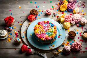 en födelsedag kaka med de ord Lycklig födelsedag skriven på den är omgiven förbi färgrik konfetti och kopp. ai-genererad foto