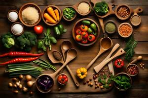 olika typer av grönsaker och kryddor i trä- skålar. ai-genererad foto