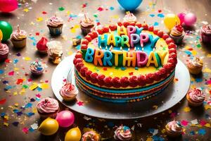 en födelsedag kaka med de ord Lycklig födelsedag skriven på Det. ai-genererad foto