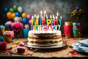 en födelsedag kaka med belyst ljus är på en tabell. ai-genererad foto
