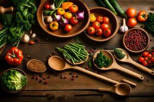 en mängd av grönsaker och kryddor är anordnad i skålar. ai-genererad foto