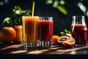två glasögon av orange juice och ett orange. ai-genererad foto