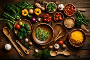 en mängd av grönsaker och Övrig Ingredienser är anordnad på en trä- tabell. ai-genererad foto