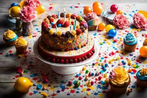 en födelsedag kaka med färgrik strössel och ljus. ai-genererad foto