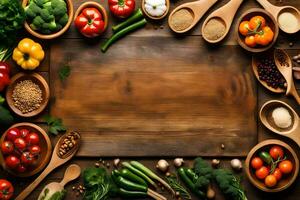 en trä- tabell med många annorlunda typer av grönsaker och kryddor. ai-genererad foto