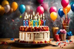 en födelsedag kaka med ljus och ballonger. ai-genererad foto