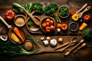 olika grönsaker och kryddor är anordnad på en trä- tabell. ai-genererad foto