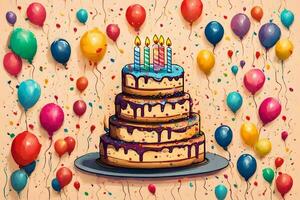 födelsedag kaka med ljus och ballonger på en beige bakgrund. ai-genererad foto