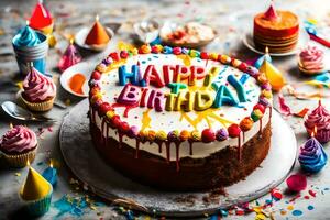Lycklig födelsedag kaka med färgrik strössel. ai-genererad foto