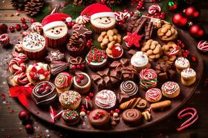 en tallrik av jul sötsaker och desserter. ai-genererad foto