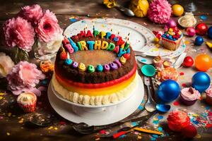 en födelsedag kaka med färgrik brev på Det. ai-genererad foto