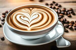 en kopp av kaffe med en hjärta form i de skum. ai-genererad foto