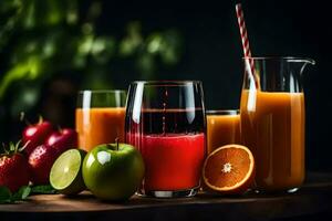 juice och frukt i glasögon och på en tabell. ai-genererad foto