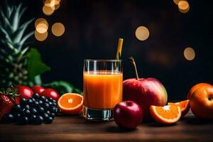färsk frukt och grönsaker i en glas av juice. ai-genererad foto