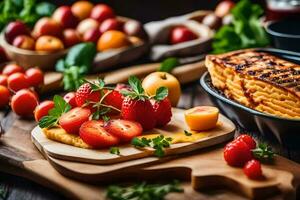en tallrik av mat med jordgubbar, tomater och ost. ai-genererad foto
